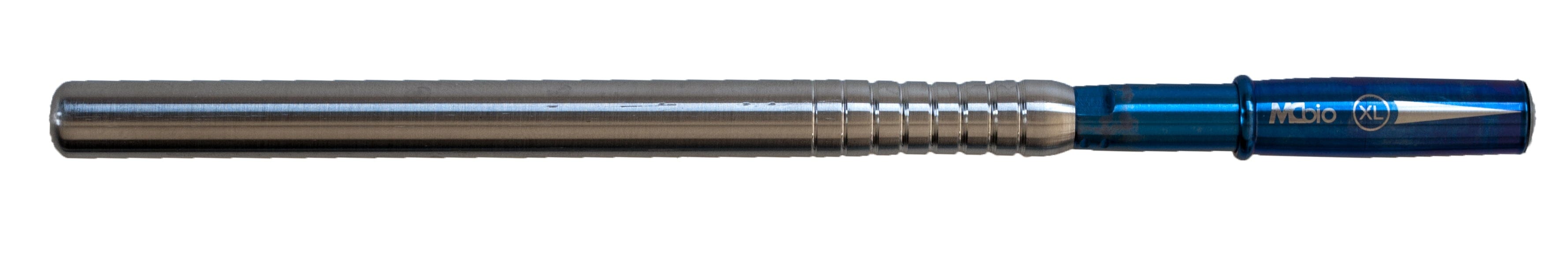A silver metal MCBio STS Straight Bone Scraper – Anterior by McBio, with grooves and a blue holder featuring the MBBo logo, is displayed against a white background—echoing the precision of GBR instruments.