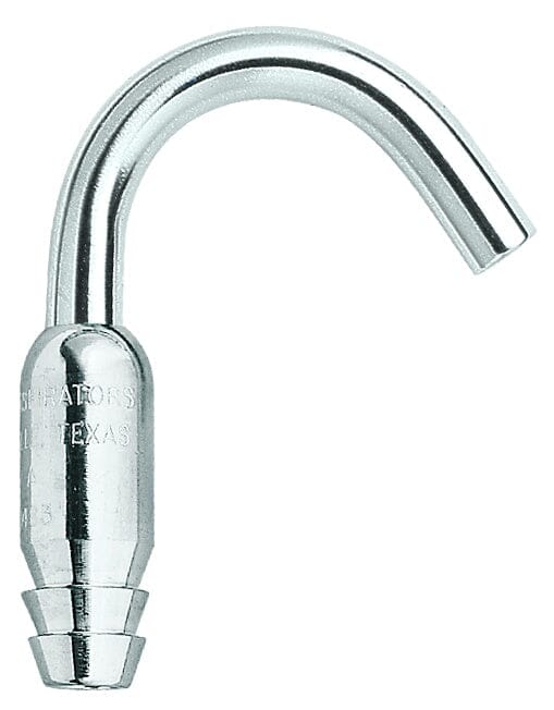 The Quality Aspirators Tubing Adapter is a shiny, metallic dental saliva ejector tip featuring a curved tube, tapered end, and integrated connector for secure attachment to suction tubing.