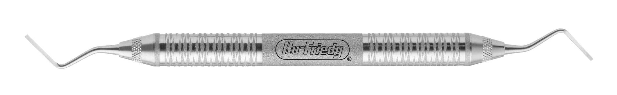 The Hu-Friedy Tabanella Bone Chisel is a metal dental instrument with angled tips on both ends, a textured central grip, and engraved branding, ideal for use in periodontal surgery or osseous recontouring.