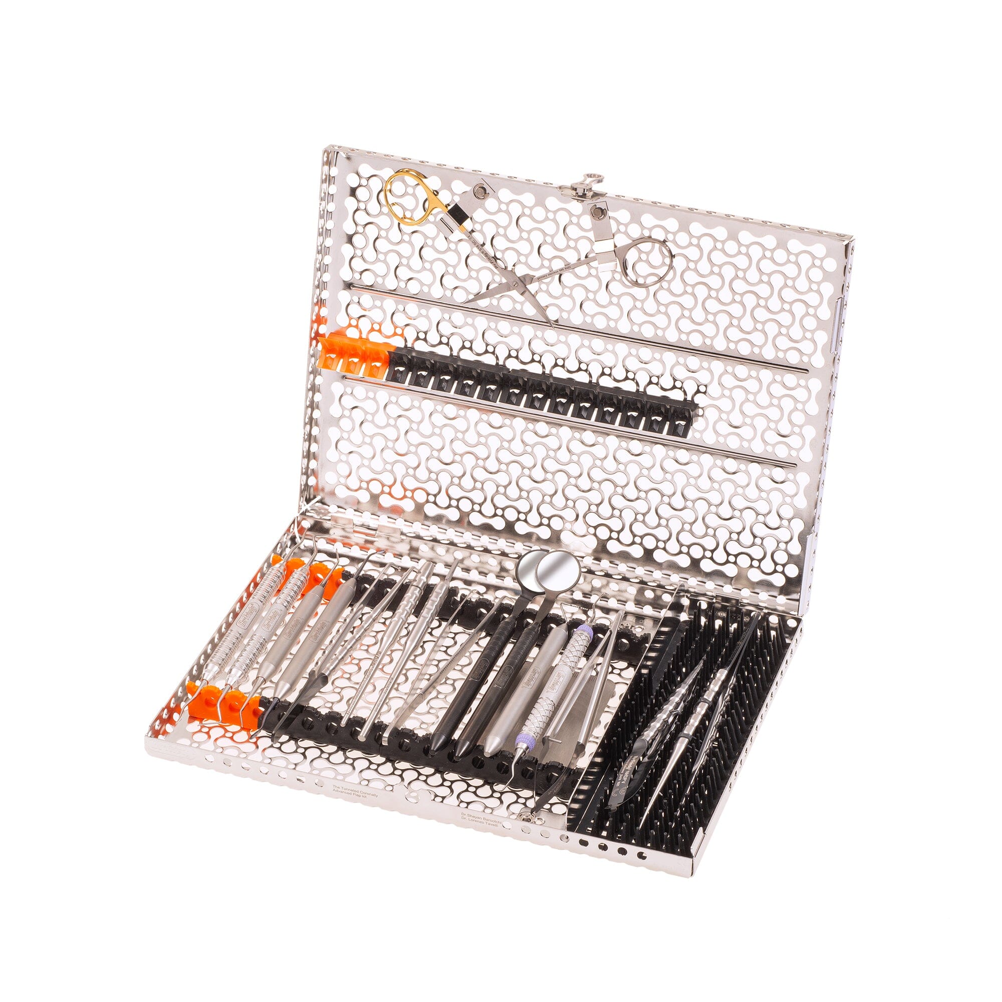 The TCAF Kit, Barootchi & Tavelli by Hu-Friedy features a perforated metal case displaying neatly organized dental instruments for soft tissue grafting, including tweezers, probes, and tunneling knives with orange and black caps.