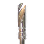Close-up of a metallic Dentech Twist Drill – External Cooling, a spiral fluted osteotomy drill with a shiny surface and cylindrical shank, used for cutting or shaping bone in dental implant procedures by Dentech.