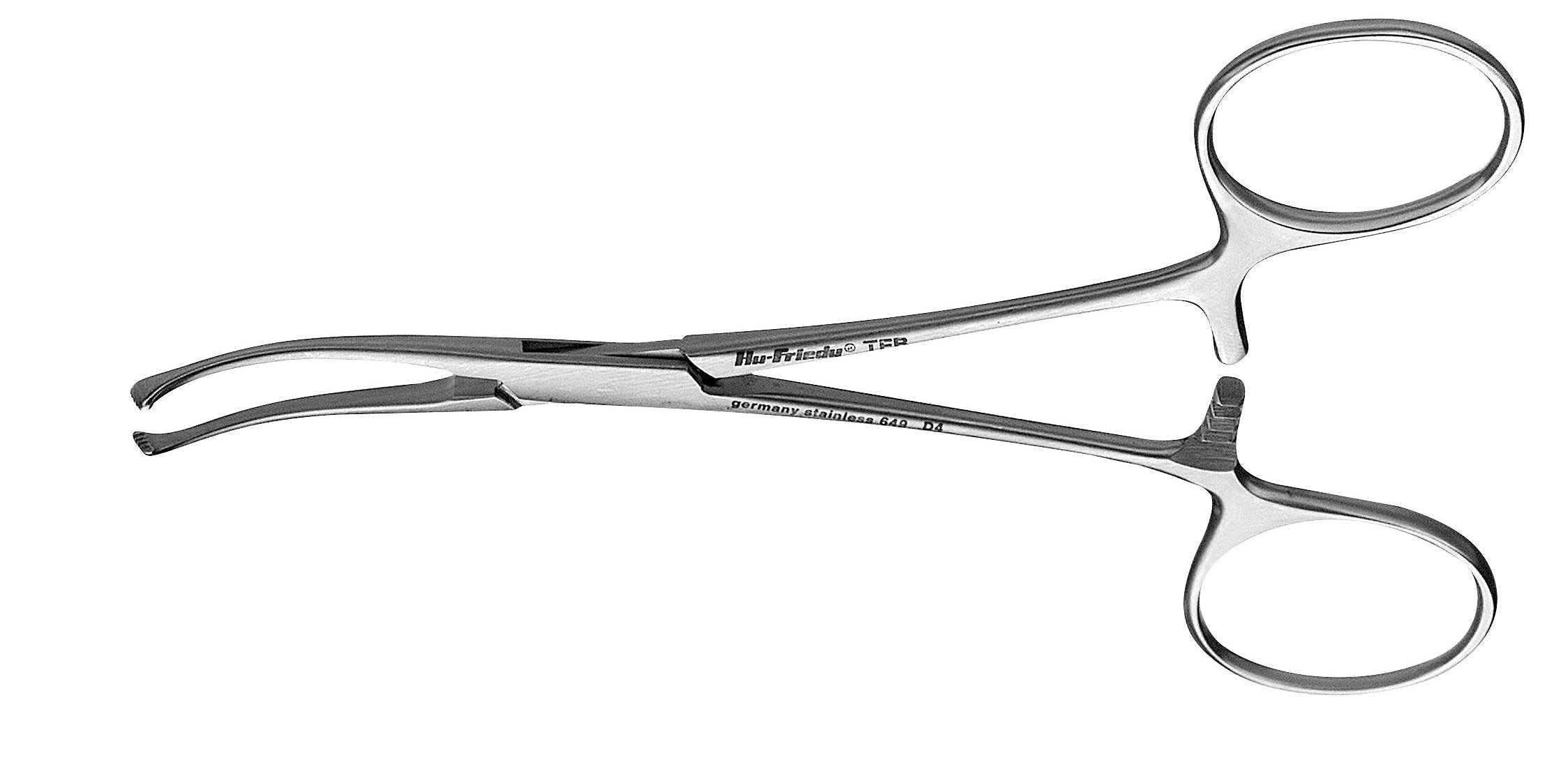 The Hu-Friedy Allison Tissue Forceps, a silver, curved hemostatic tool with finger rings and a notched tip, lies on a white background. Its locking mechanism makes this Hu-Friedy instrument essential for surgical procedures.