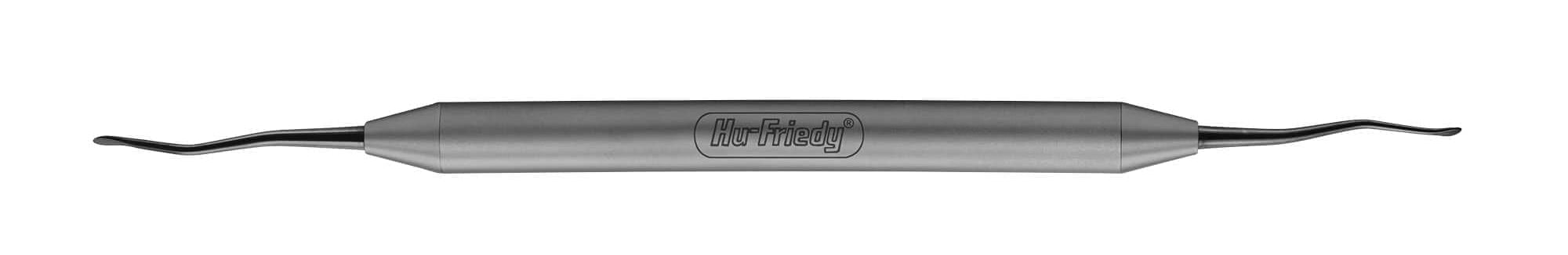 The Hu-Friedy Tunneling Knife 1, Black Line is a double-ended stainless steel dental tool with angled, pointed tips designed for dental procedures or cleaning.