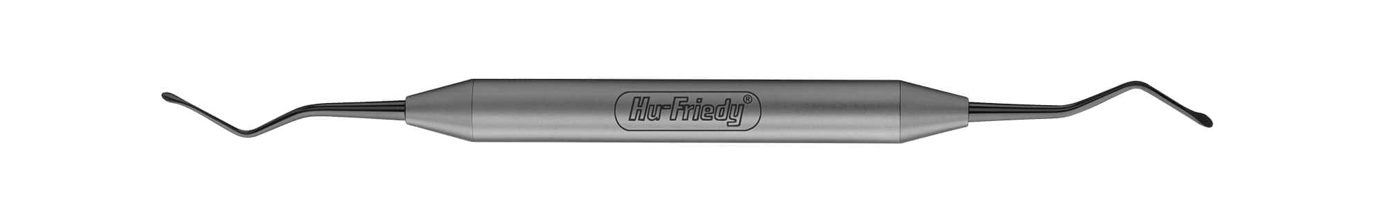 The Hu-Friedy Tunneling Knife 2, Black Line, a double-ended dental instrument with angled metal tips and a black handle, is used in dental procedures and displayed against a white background.