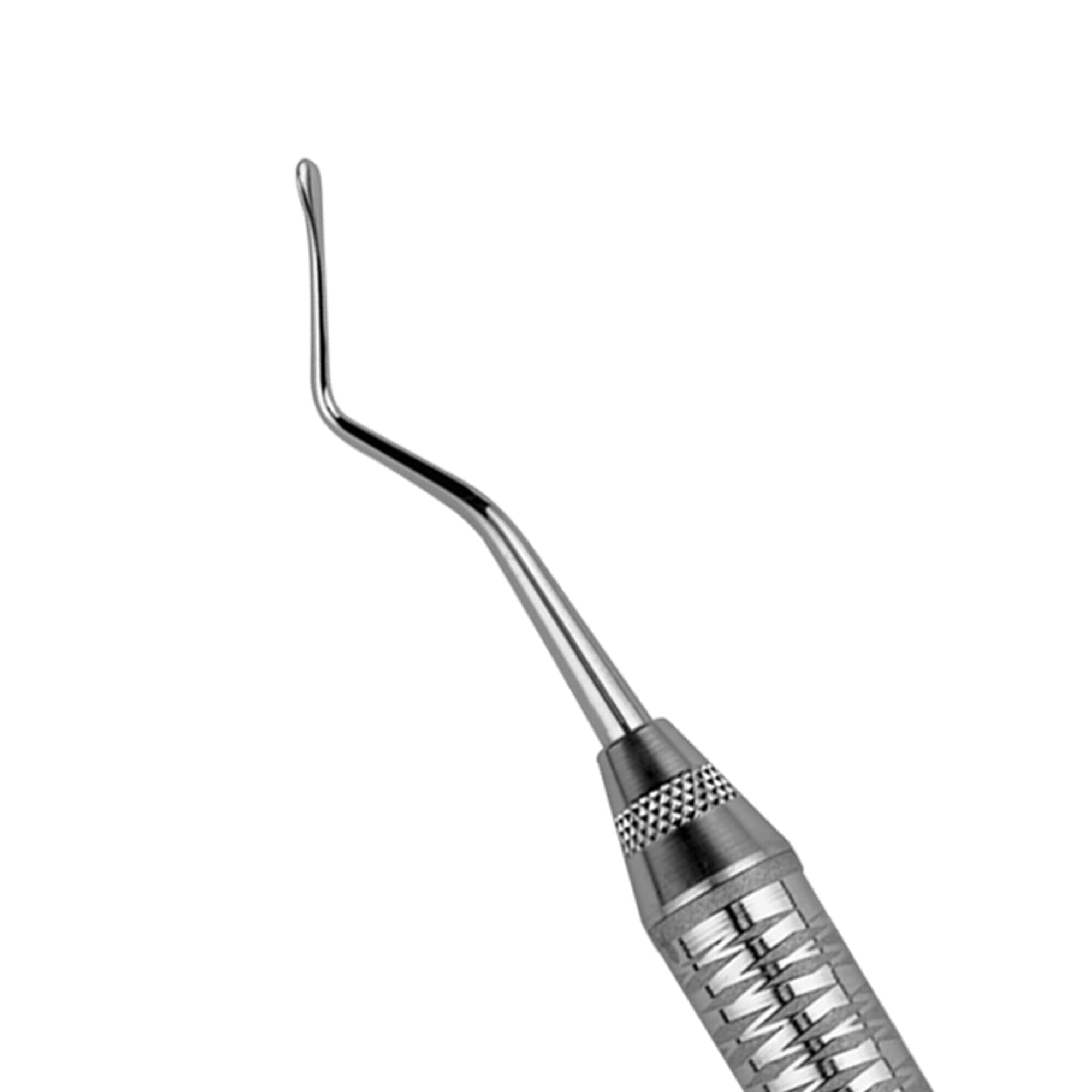 A close-up of a Hu-Friedy 1 & 2 Tunneling Knife, a metal dental tool by Hu-Friedy with a textured handle and curved, pointed tip, designed for soft-tissue grafting and periodontal procedures, on a white background.