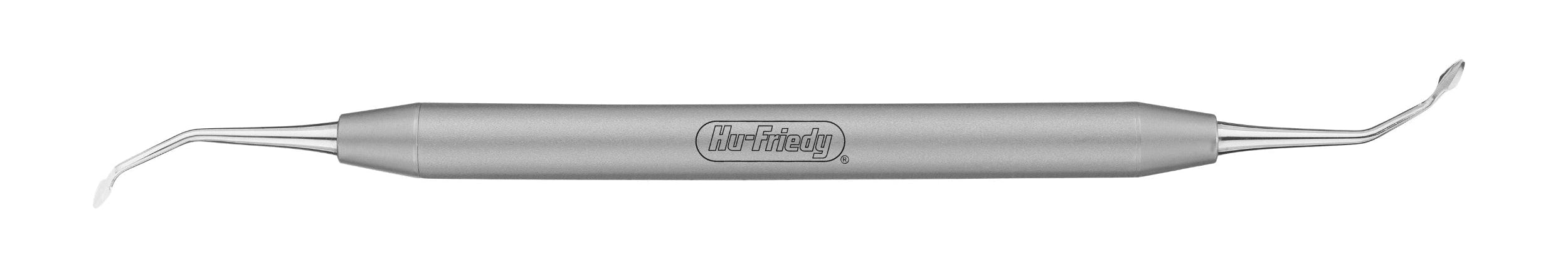 The Hu-Friedy Steigmann Tissue Splitter Knives by Hu-Friedy are double-ended dental tools with angled, curved metal tips for soft tissue splitting in periodontal surgery and feature a rounded, textured handle.