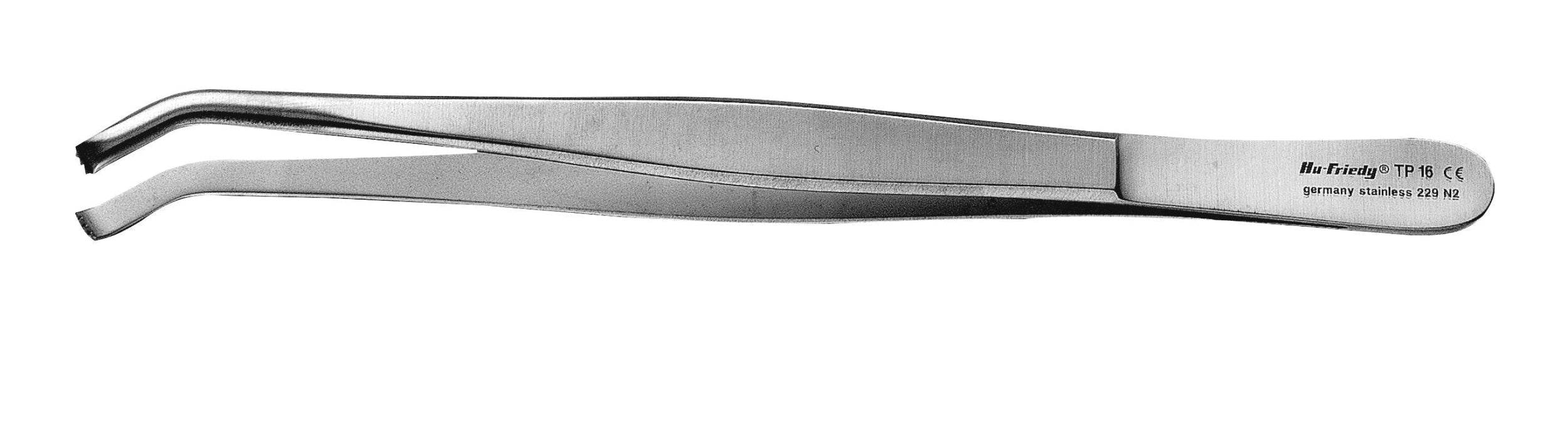 The Hu-Friedy Curved Tissue Forceps by Hu-Friedy are surgical stainless steel forceps with angled, pointed tips and engraved handle text, shown on a white background.
