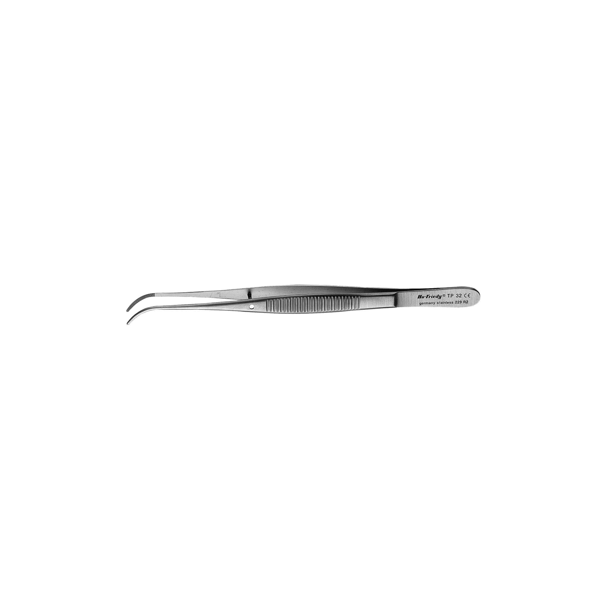 The Hu-Friedy Semkin-Taylor Tissue Forceps by Hu-Friedy feature curved, pointed tips and ridged grips for precision in oral surgery, made from stainless steel and shown on a white background.