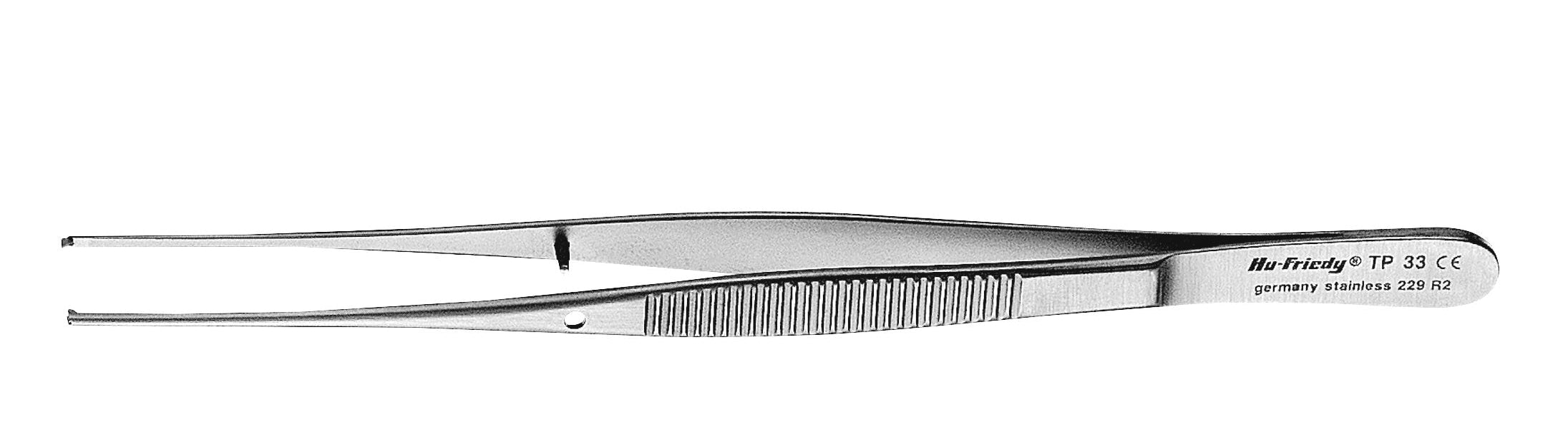 The Hu-Friedy Semkin-Taylor Tissue Forceps are stainless steel forceps with a ridged handle, angled tips, and engraved branding—essential for oral surgery instrument sets. Shown against a white background. Brand: Hu-Friedy.