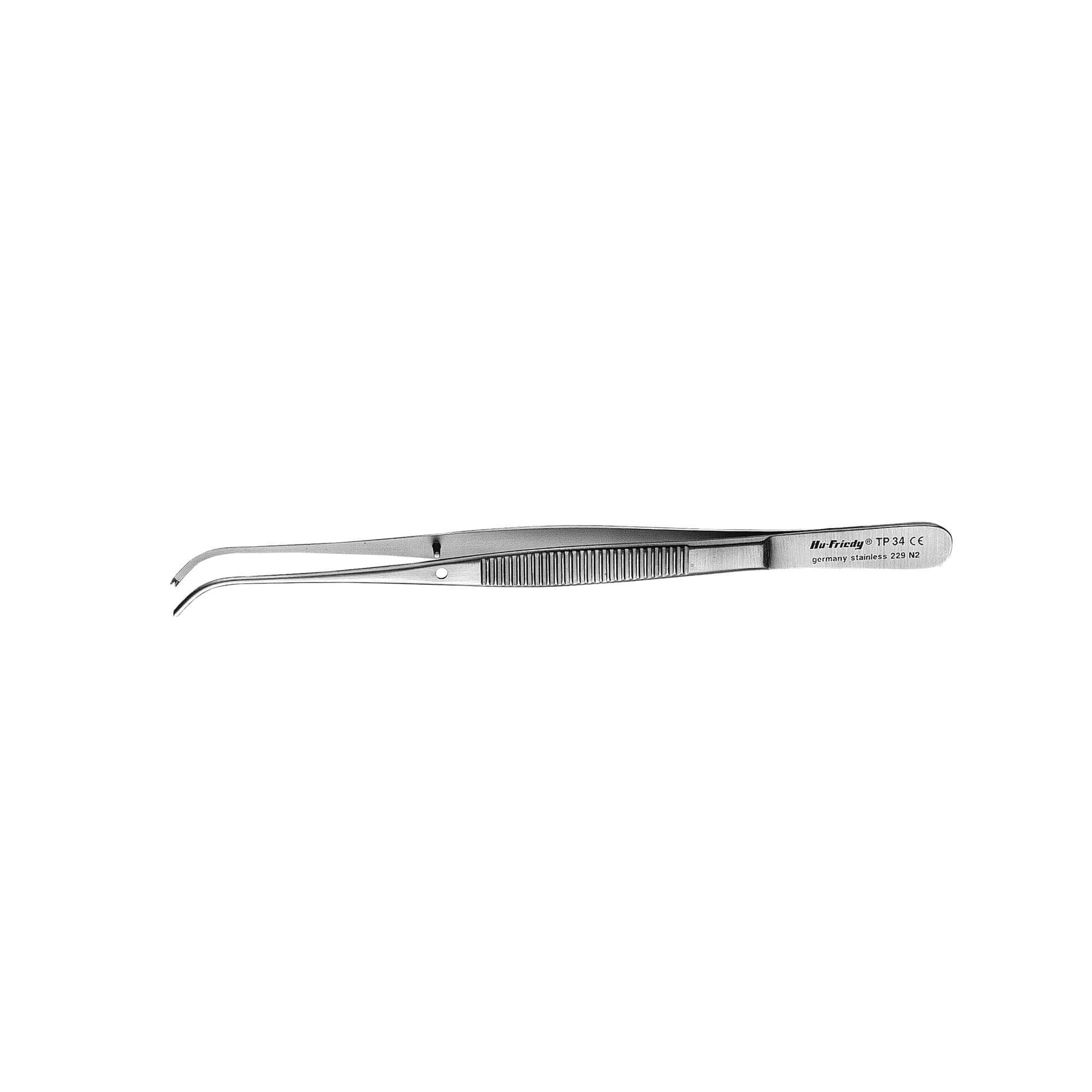 The Hu-Friedy Semkin-Taylor Tissue Forceps feature fine, curved tips and a textured handle for grip—essential instruments for oral surgery, shown on a white background.