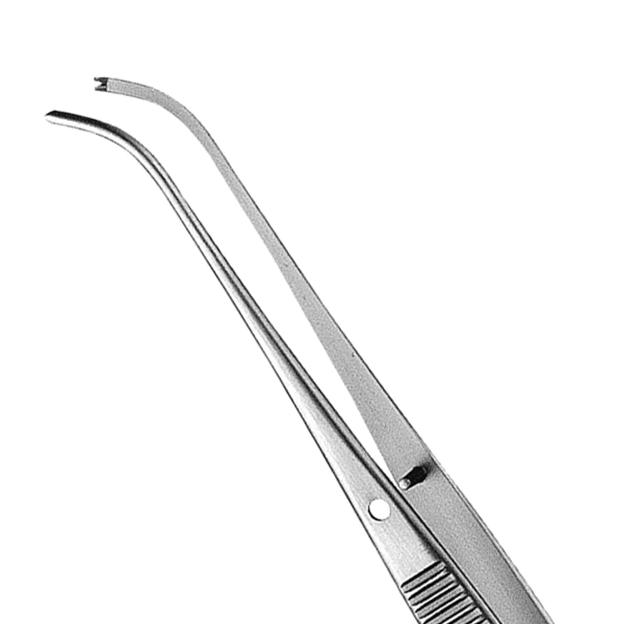 Black and white close-up of Hu-Friedy Semkin-Taylor Tissue Forceps, featuring a sharply curved, pointed tip. Designed by Hu-Friedy for precise handling in surgical or laboratory settings.