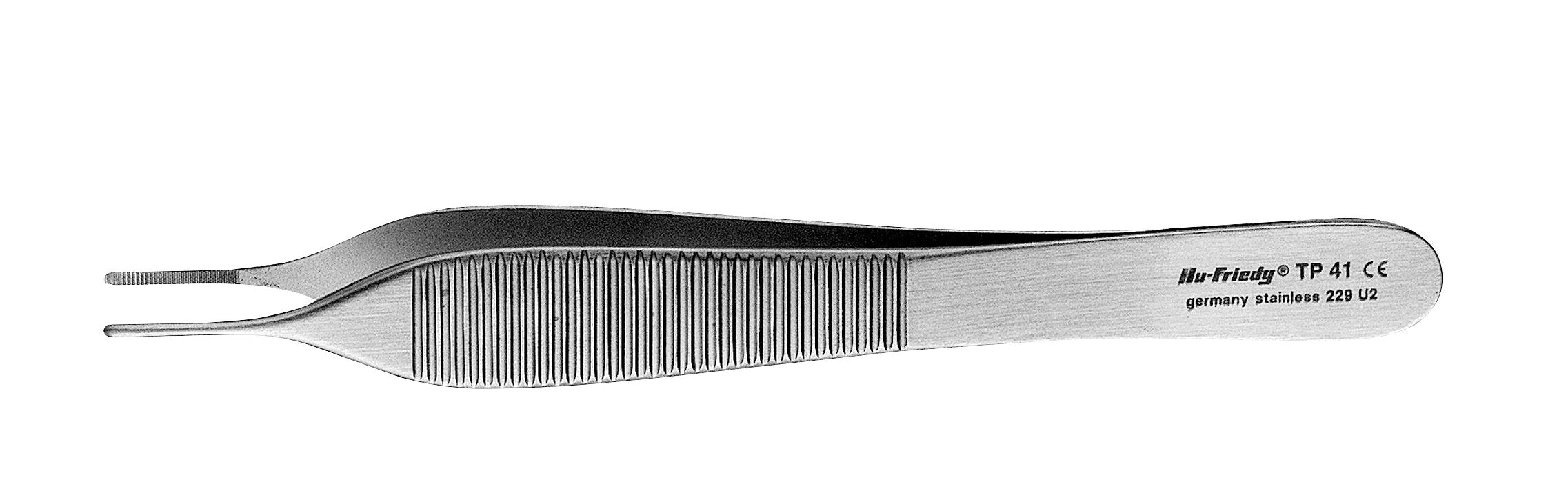 A pair of Hu-Friedy Adson & Adson-Brown Tissue Forceps with ridged grips and a flat, split tip—ideal for implant dentistry—made from stainless steel.