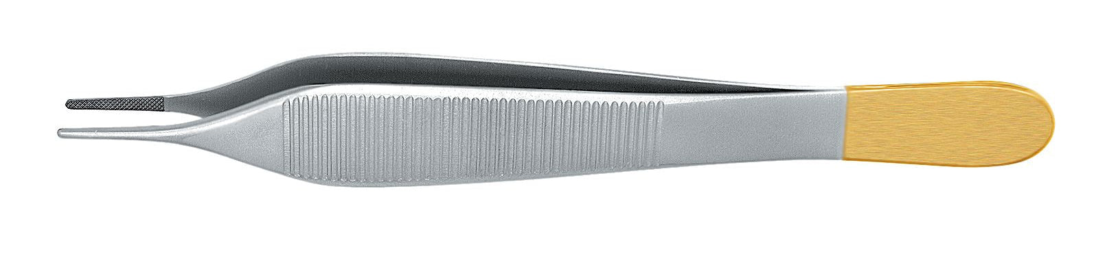 A close-up of Hu-Friedy Adson & Adson-Brown Tissue Forceps with a textured grip and gold-colored handle, ideal for oral surgery, shown against a white background.