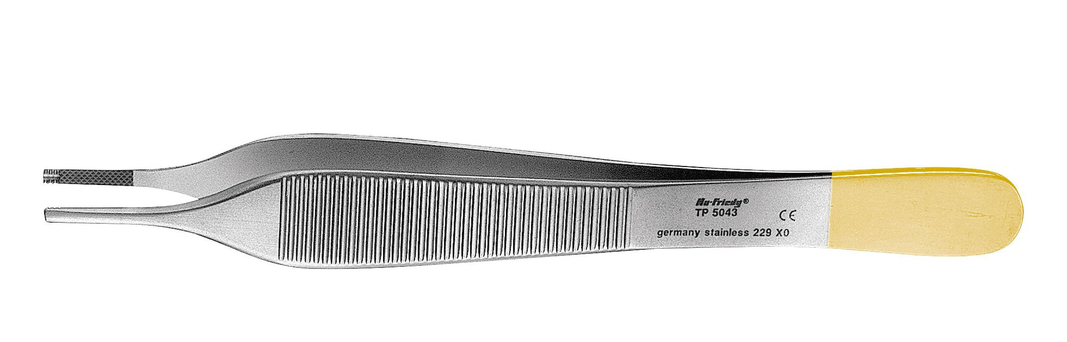 A pair of Hu-Friedy Adson & Adson-Brown Tissue Forceps with a textured yellow handle and serrated tips, shown on a white background. Stainless steel design with side engraving. Ideal for oral surgery or implant dentistry.