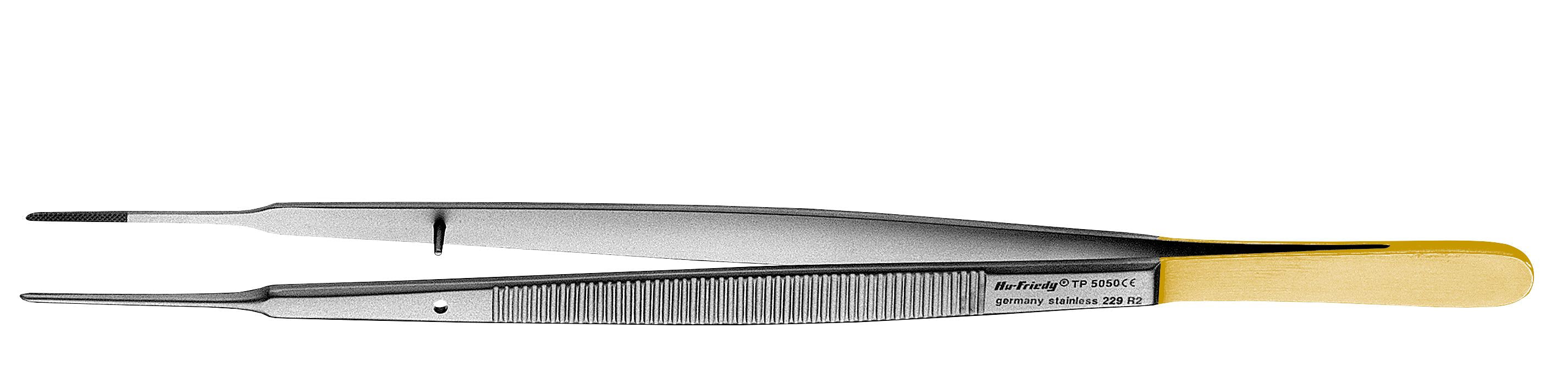 The Hu-Friedy Gerald Tissue Forceps by Hu-Friedy feature stainless steel construction, a gold-colored handle, and fine flat tips—perfect for precision tasks and a standout choice among surgical instruments.
