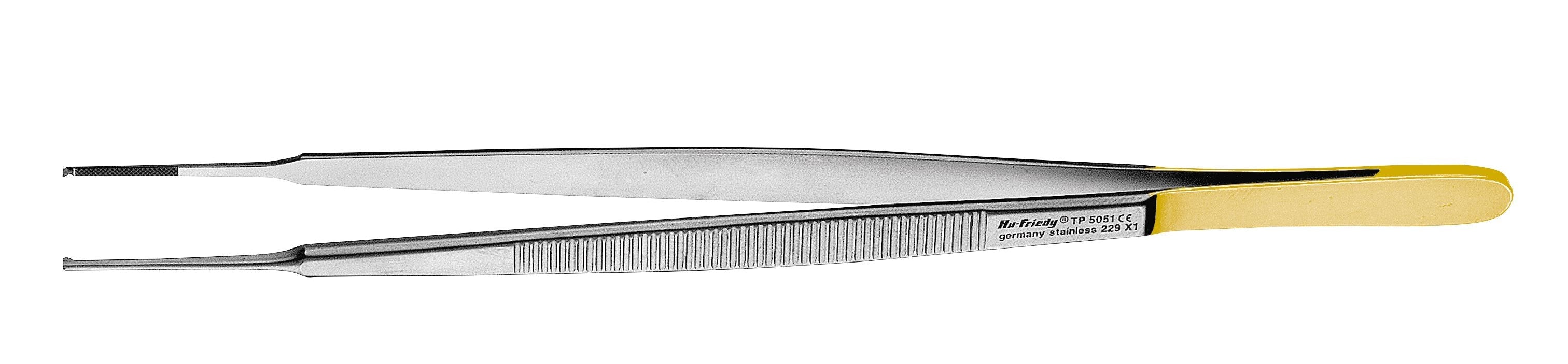The Hu-Friedy Gerald Tissue Forceps by Hu-Friedy feature a gold-colored handle, flat textured grip, and slightly curved precision tip—ideal for delicate tissue handling in surgical procedures.