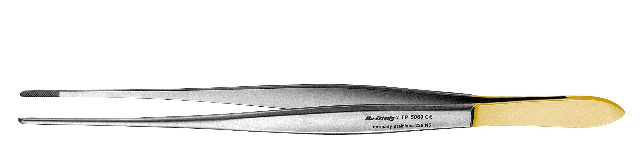 A pair of Hu-Friedy Cushing PermaSharp Tissue Forceps with a yellow grip and fine, flat tips, engraved with the Hu-Friedy brand and model details.