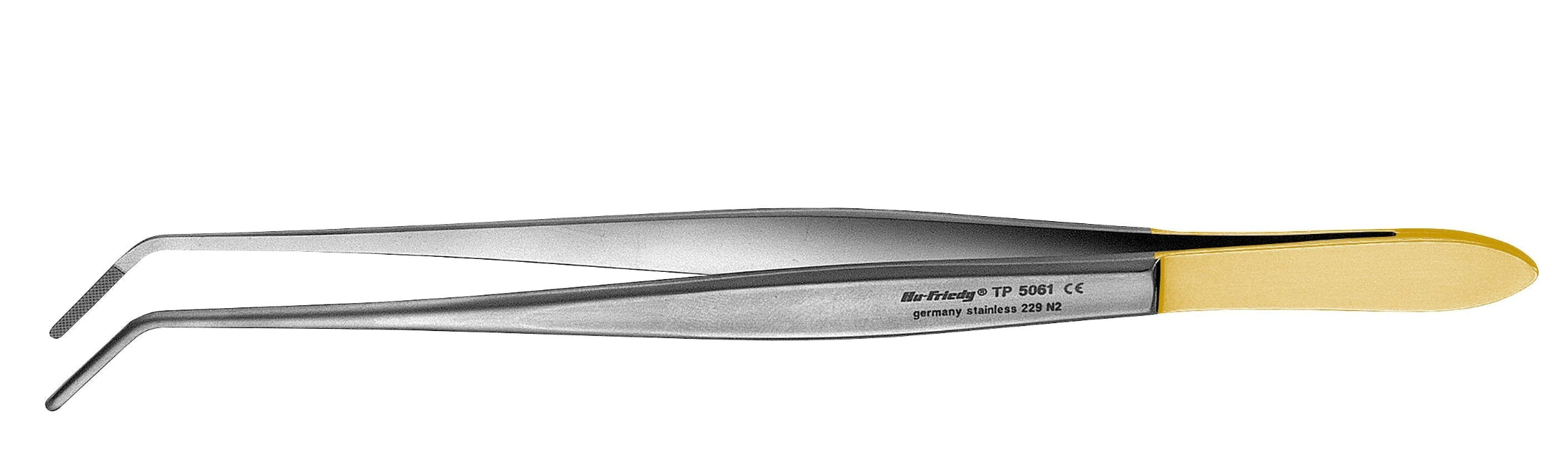 The Hu-Friedy Cushing PermaSharp Tissue Forceps by Hu-Friedy, featuring angled stainless steel tips and a gold-colored handle, are designed like surgical tissue pliers and shown against a white background.
