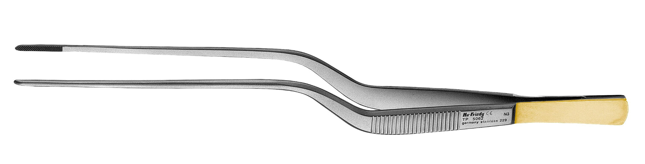 The Hu-Friedy Cushing PermaSharp Tissue Forceps by Hu-Friedy feature an angled, gold-colored handle and fine flat tips, ideal for gripping delicate objects during medical procedures.