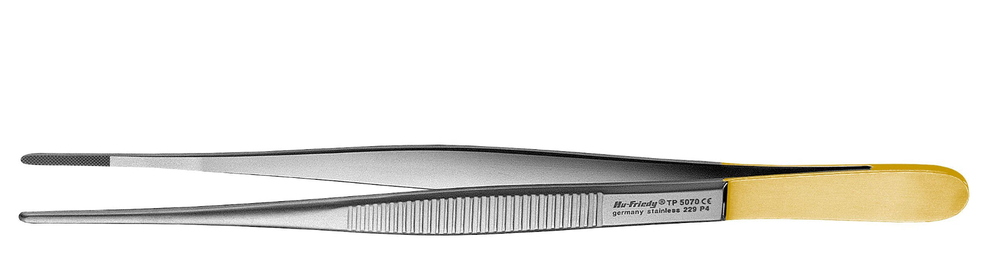 A pair of Hu-Friedy General Sharp & Potts-Smith Tissue Forceps with a textured grip, gold-colored end, and slightly pointed tips—ideal for soft-tissue manipulation—displayed against a white background.