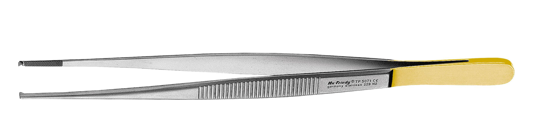 A pair of Hu-Friedy General Sharp & Potts-Smith Tissue Forceps, crafted from stainless steel with a gold-colored handle tip for precise soft-tissue handling, shown against a white background.