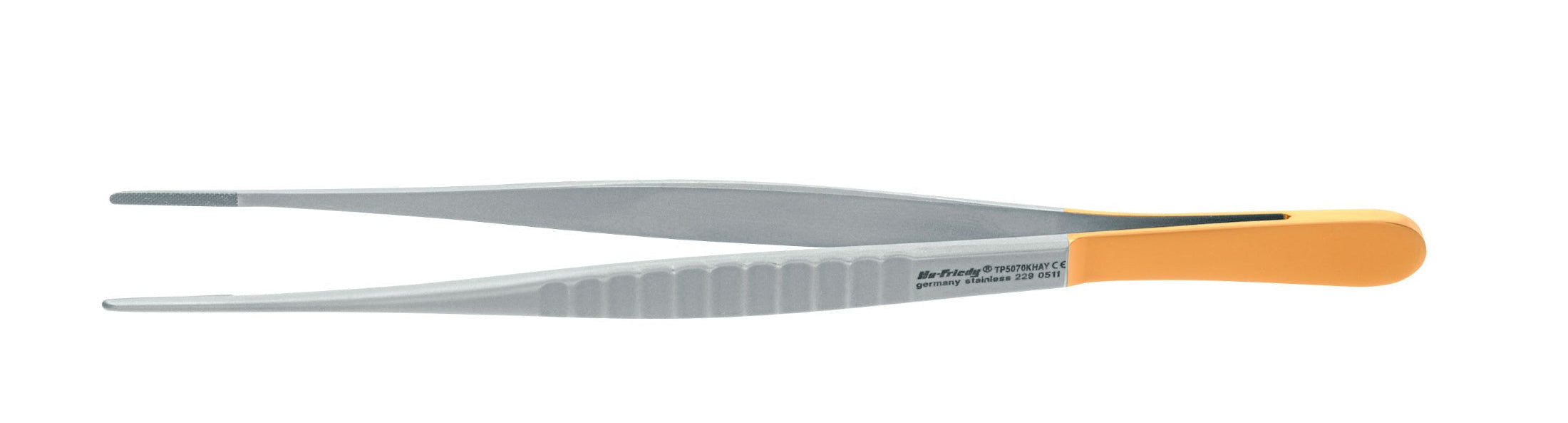 Hu-Friedy General Sharp & Potts-Smith Tissue Forceps by Hu-Friedy, silver-colored with a yellow handle grip and textured surface, are ideal for precise soft-tissue manipulation. Shown against a white background.