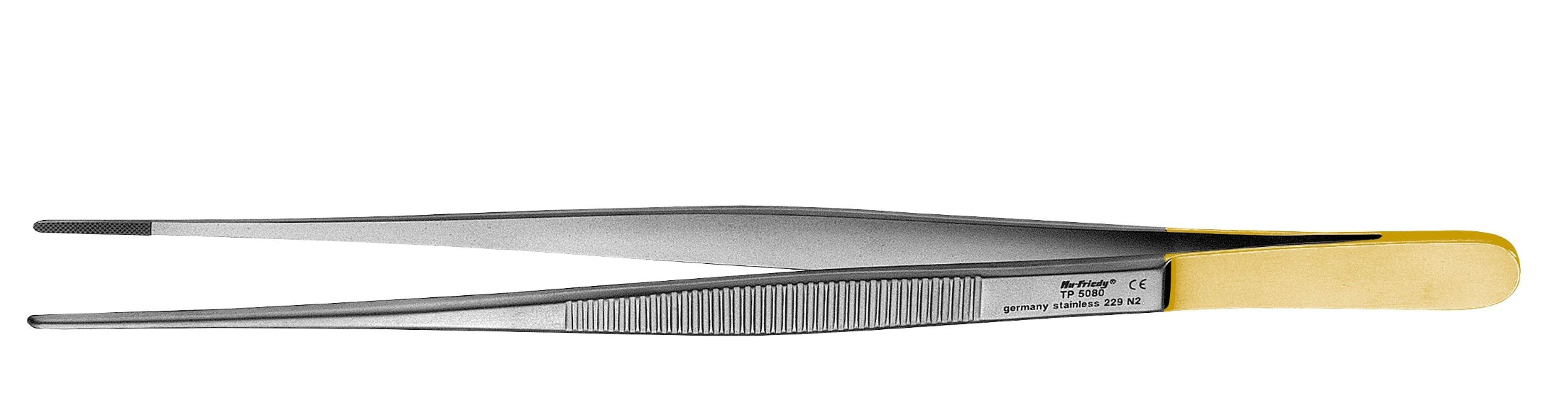 A pair of Hu-Friedy General Sharp & Potts-Smith Tissue Forceps with a gold-colored tip and ridged grip, designed for precise soft-tissue handling, shown against a white background.