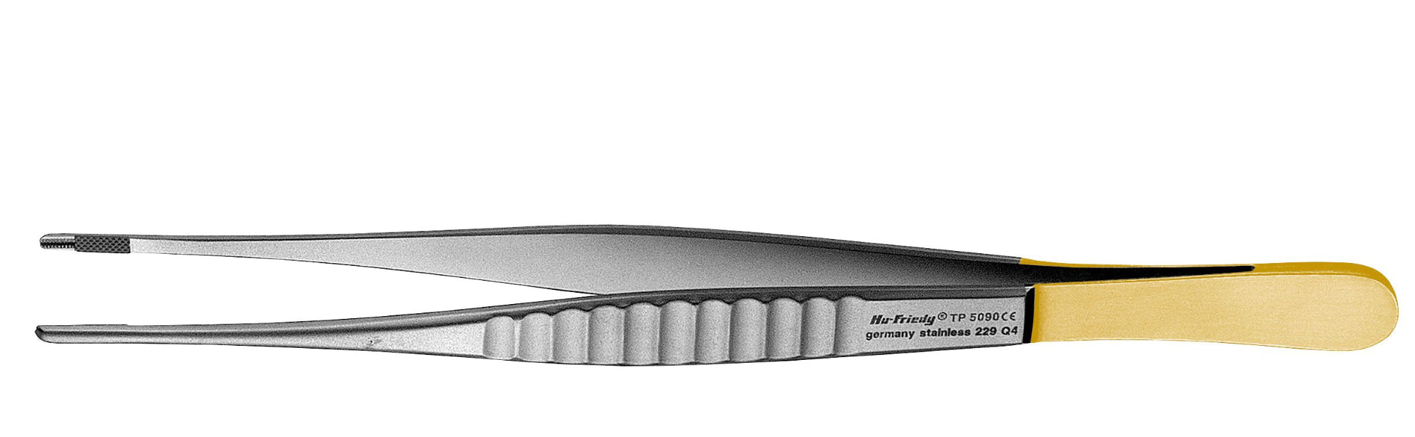 The Hu-Friedy DeBakey Perma Sharp 6" Tissue Pliers feature a silver metal body, ridged grip, and gold-colored handles,  shown on a white background