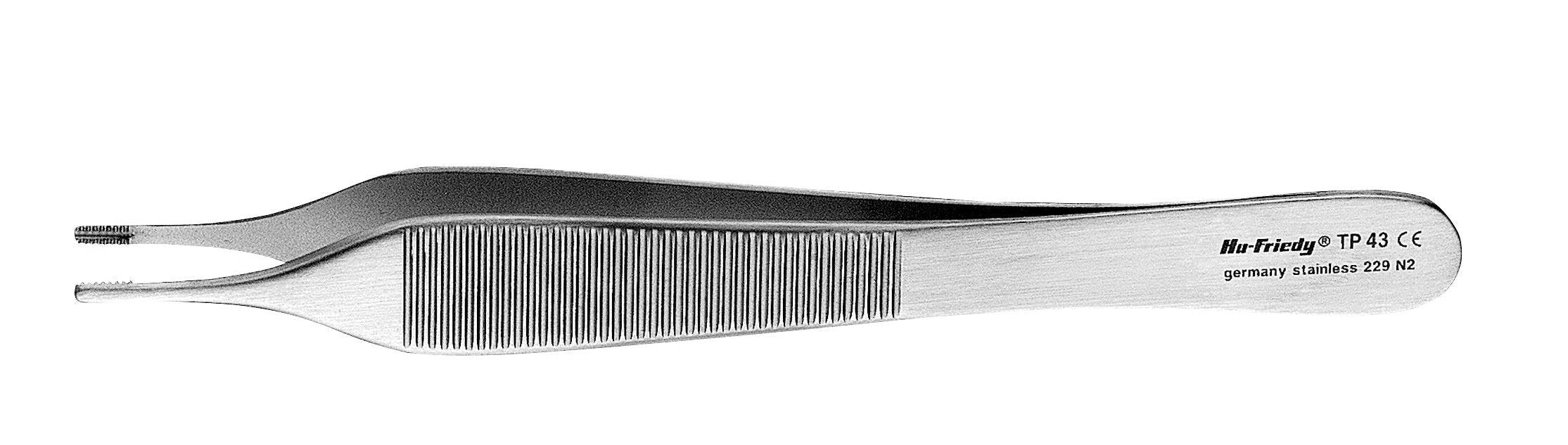 A pair of Hu-Friedy Adson & Adson-Brown Tissue Forceps with textured grips and fine, ridged tips is shown on a white background. The side bears the brand label—ideal for implant dentistry and oral surgery.