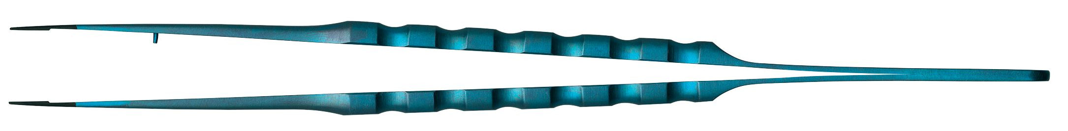 The Hu-Friedy Microsurgical Tissue Pliers by Hu-Friedy are blue, ridged pliers with a textured handle and tapered tip, ideal for dental microsurgery, periodontal, and implant procedures; shown against a white background.