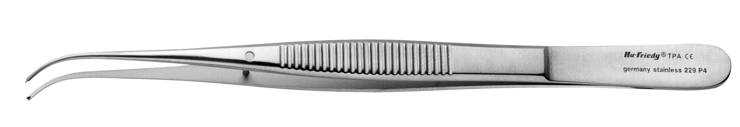 The Hu-Friedy Curved Tissue Forceps are surgical stainless steel, curved-tip forceps with a textured grip, ideal for oral surgery procedures. Engraved with "Mr. friendly, germany stainless 224 PA," they ensure precision and durability.