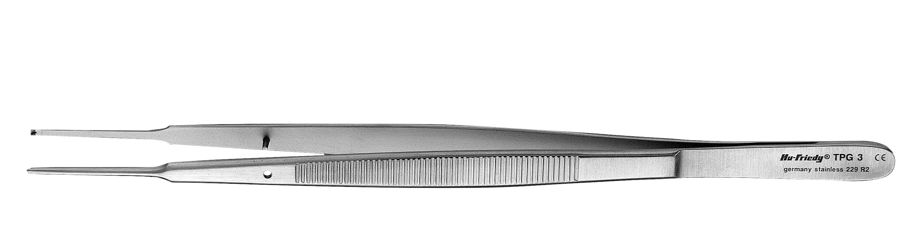 The Hu-Friedy Gerald Tissue Forceps by Hu-Friedy feature stainless steel construction, a textured grip, and a flat, angled tip—perfect for precise surgical tasks; shown against a white background.