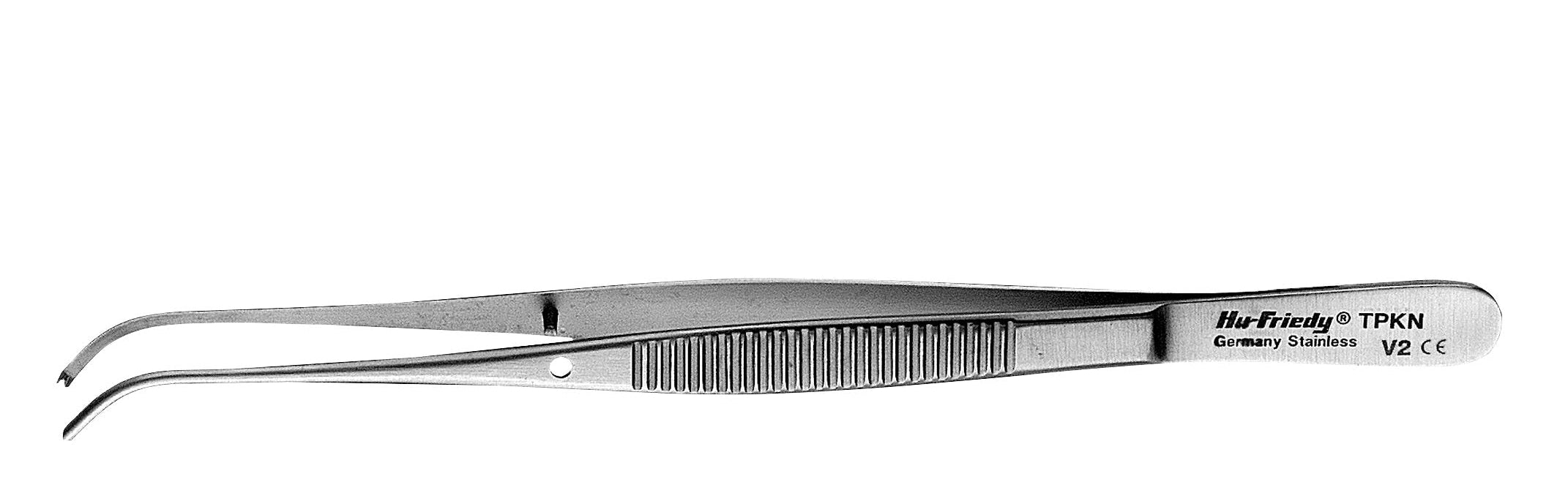 The Hu-Friedy Curved Tissue Forceps are surgical stainless steel tweezers with a curved, pointed tip and textured grip, ideal for oral surgery procedures.
