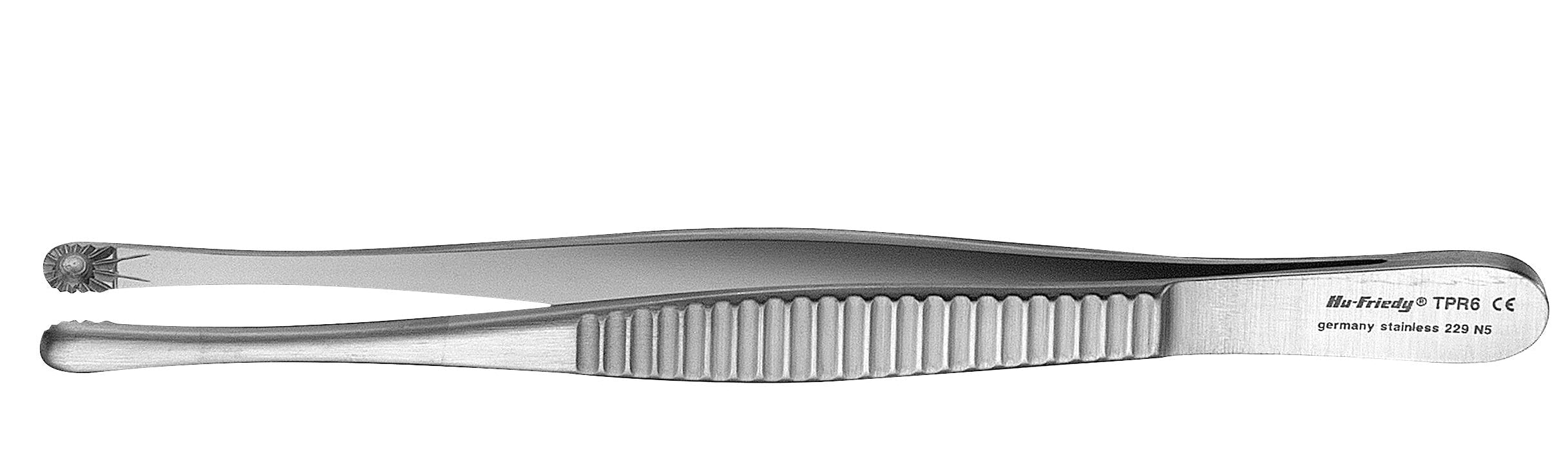 The Hu-Friedy Russian Tomor Tissue Forceps are stainless steel forceps with a ridged grip and flower-like tip, featuring engraved branding on the handle—ideal for precise soft tissue suturing.