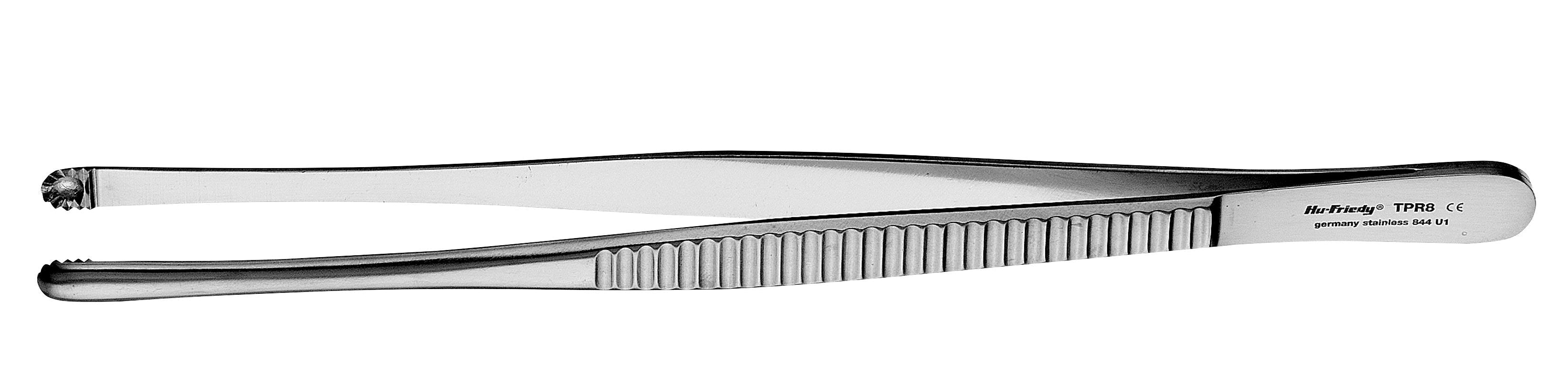 The Hu-Friedy Russian Tomor Tissue Forceps by Hu-Friedy are stainless steel forceps with a textured grip and serrated tips, ideal for medical or lab use such as soft tissue suturing.