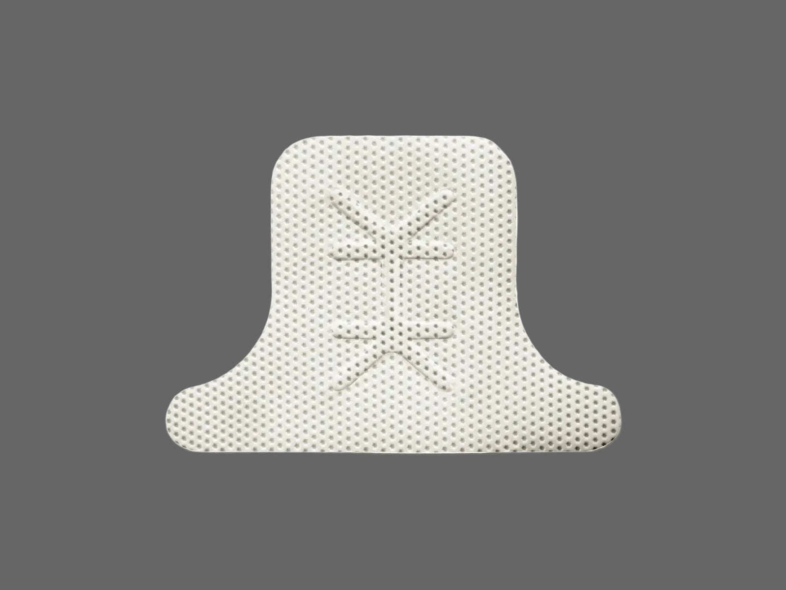 The Cytoplast™ Ti-150 Titanium-Reinforced PTFE Membrane (150 μm) by Osteogenics, a white textured T-shaped barrier with small holes and raised stitching, is centered on a plain gray background.
