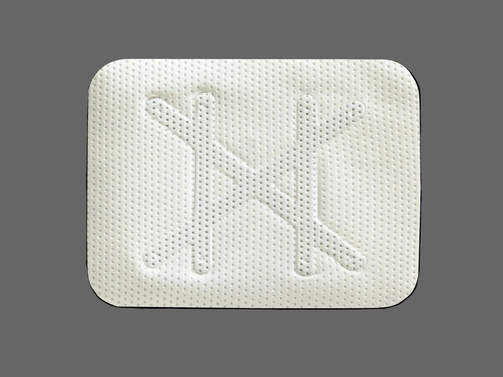 A square, white adhesive bandage with rounded corners and a raised, textured “X” pattern inspired by the Cytoplast™ Ti-250 Titanium-Reinforced PTFE Membrane (250 μm) from Osteogenics, set against a gray background.