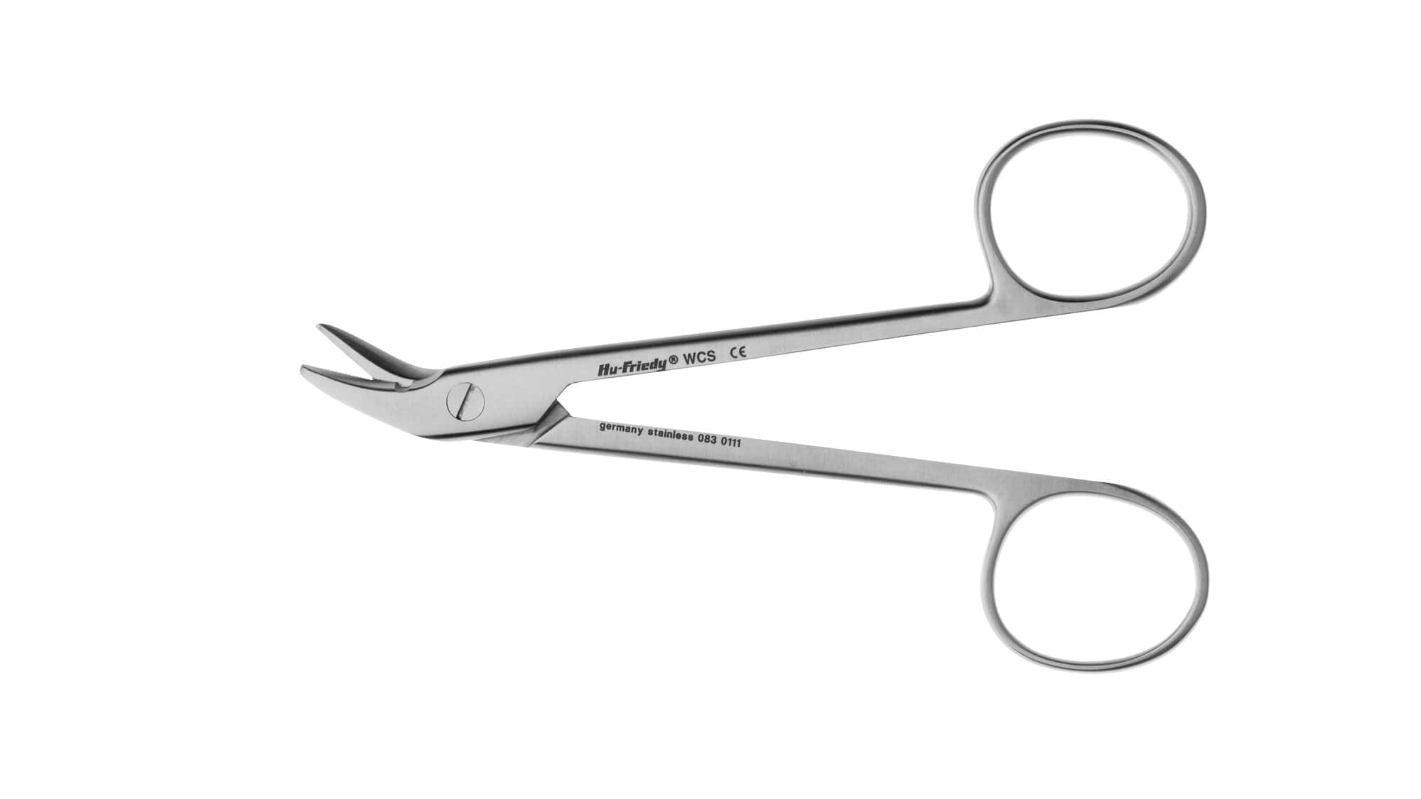 The Hu-Friedy Wire Cutting Scissors feature curved stainless steel blades and dual finger loops, ideal for cutting sutures, shown upright on a white background.