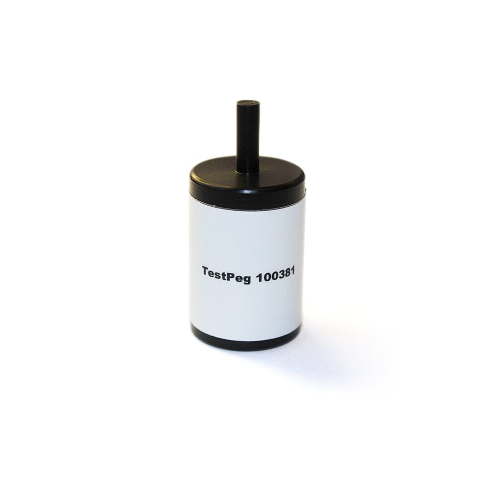 The Osstell Testpeg (100381) by Osstell is a cylindrical peg with black top and base, white body labeled "TestPeg 100381", designed for dental instrument verification with an implant stability meter.