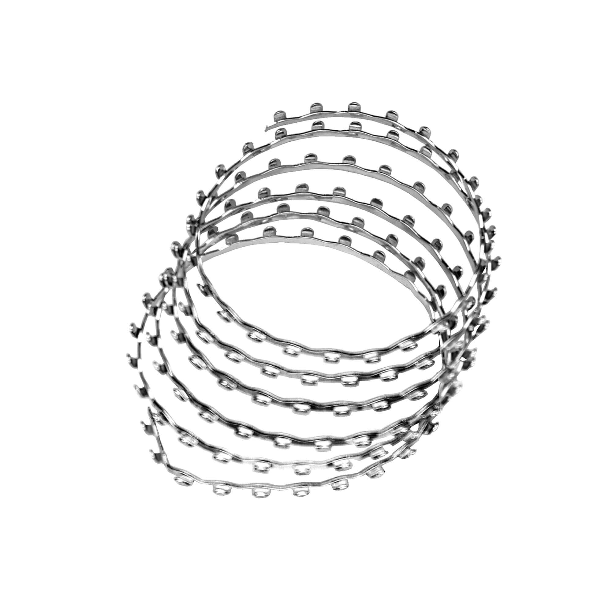 Seven Hu-Friedy Erich Arch Bar (1 Meter Coil) bands by Hu-Friedy, silver and circular with evenly spaced tabs, are stacked in a slightly tilted, overlapping pattern on a white background.
