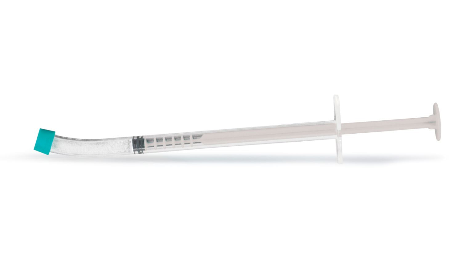 A single transparent syringe with a curved tip and blue cap, shown on white—ideal for precise application of Osteogenics Zcore™ Porcine Xenograft Particulate during bone regeneration procedures.