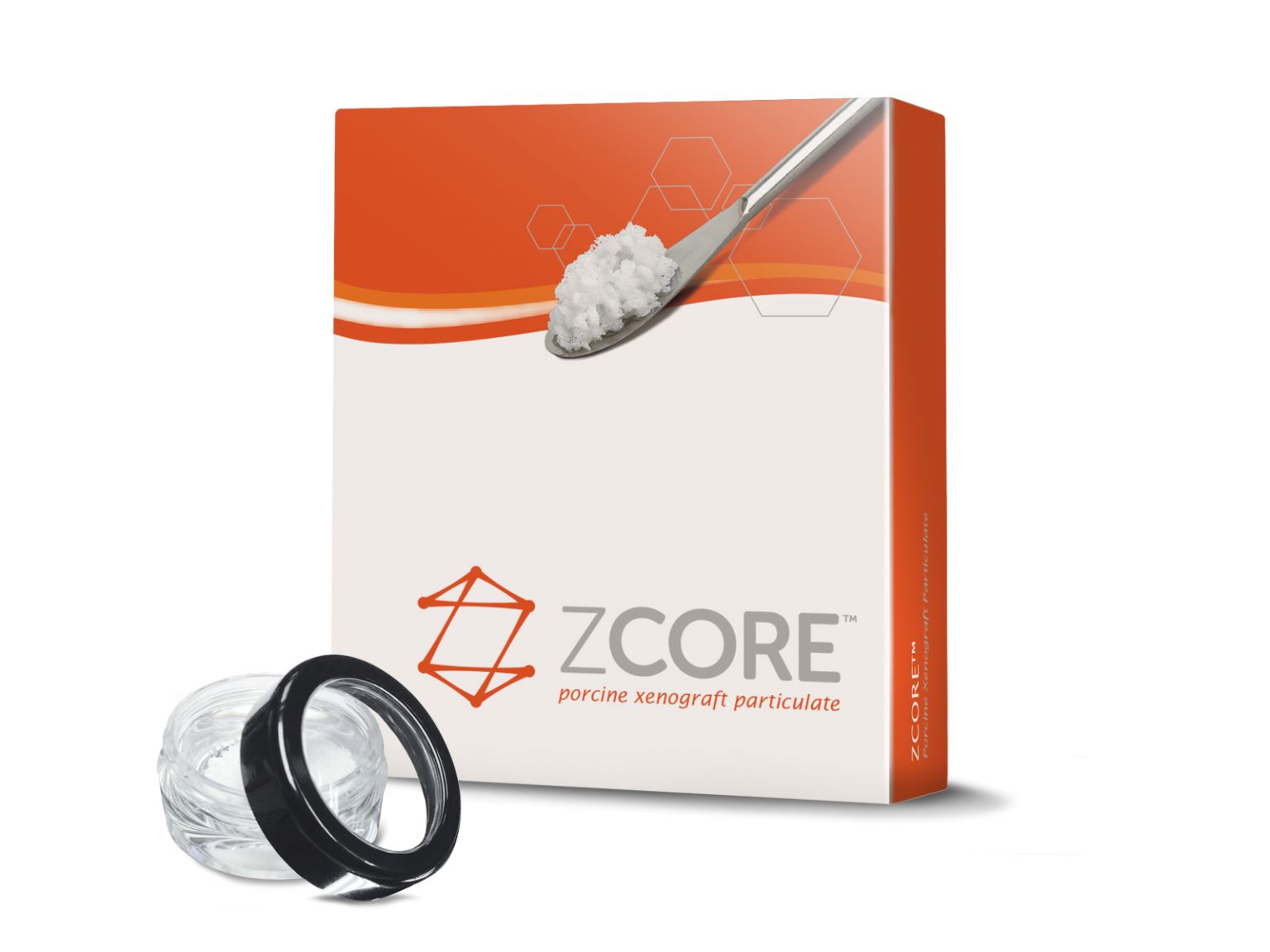 A box labeled Zcore™ Porcine Xenograft Particulate by Osteogenics, featuring an orange and white design and a spoon with white granules. In front sits a small clear container with a black lid.