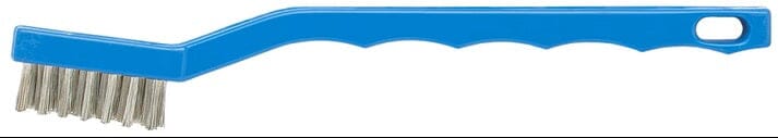 The Quality Aspirators Autoclavable Bur & Instrument Cleaning Brush features a blue plastic handle with a hanging hole, angled design, and short stiff stainless steel bristles for thorough dental instrument cleaning.