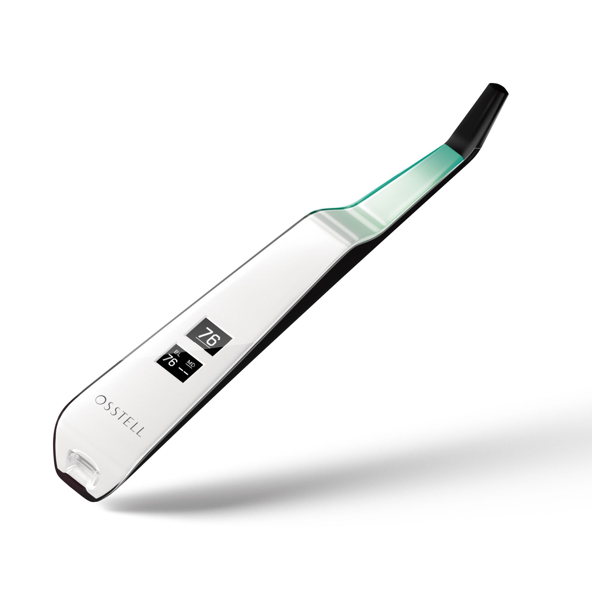 The Osstell Beacon+ by Osstell is a sleek, modern dental device with a digital display showing 76 and 78, designed for resonance frequency analysis to assess implant stability. It features a curved transparent body and black tip, shown on a white background.