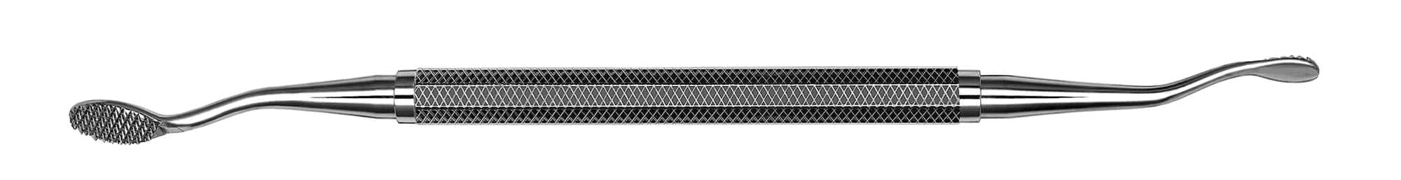 The Hu-Friedy #1X Miller-Colburn Bone File is a double-ended stainless steel instrument with a textured grip, featuring a small oval brush-like tip and a curved flat spatula tip, shown on a white background.