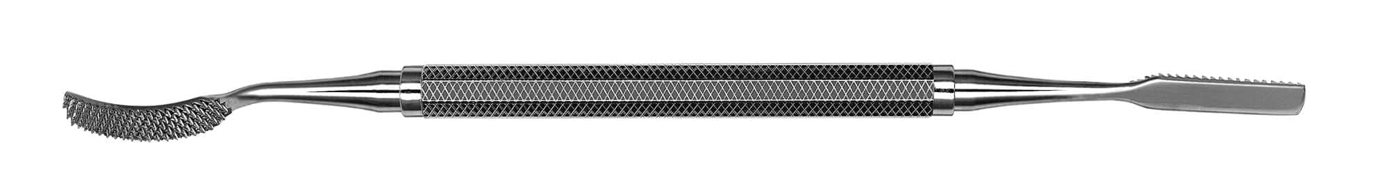 The Hu-Friedy #2X Miller-Colburn Bone File is a double-ended metal tool with a curved, textured end and a flat, angled end, ideal for nail care and manicures.