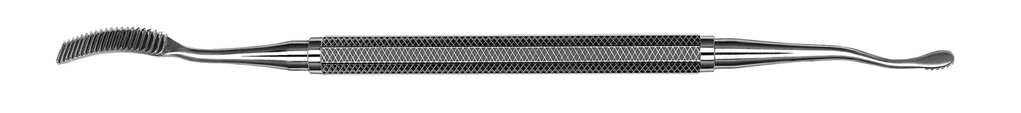 The Hu-Friedy #52 Miller Bone File is a double-ended metal dental tool with a textured handle, featuring a curved, ridged tip at one end and a small, rounded flat tip at the other.