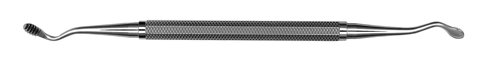 The Hu-Friedy #67 Howard Bone File is a double-ended stainless steel dental instrument with a textured grip, featuring a small curved brush tip on one end and a shallow, curved Howard Bone File scoop on the other, shown against a white background.