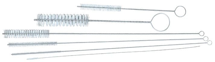 Twelve Quality Aspirators Aspirator & Saliva Ejector Cleaning Brushes with twisted wire, varied bristle sizes, and looped handles are arranged side by side on a white background—ideal for cleaning saliva ejectors.
