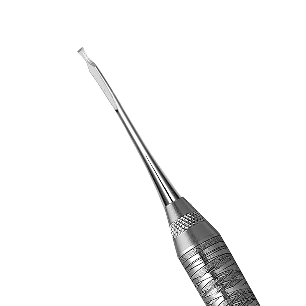 A close-up of a Hu-Friedy Fedi Double-Ended (DE) Chisel, a metal dental instrument with a textured handle and small curved tip, used in periodontal surgery. The tool is from the Hu-Friedy brand and set against a white background.
